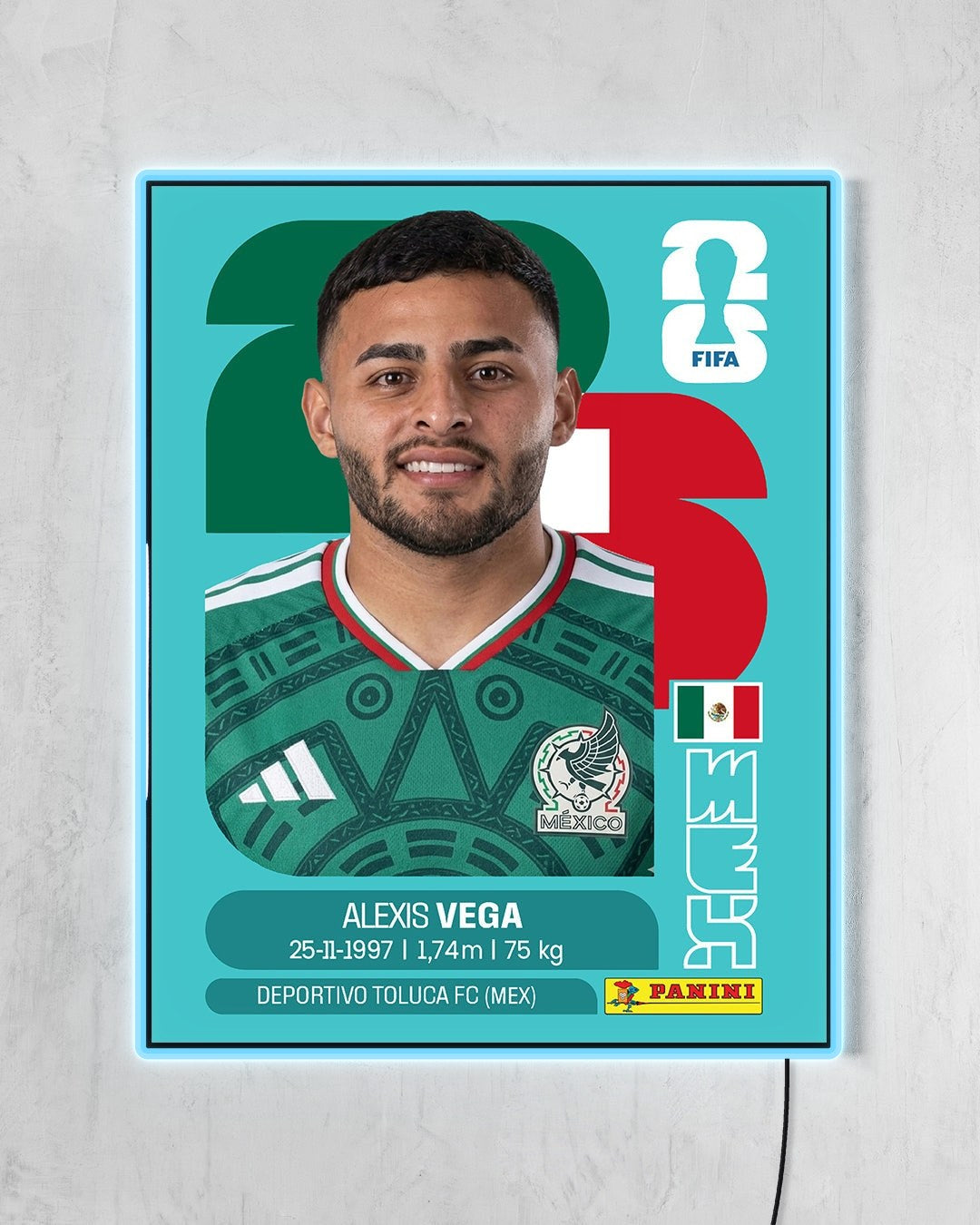 Alexis Vega - Sticker 2026 con LED celeste encendido