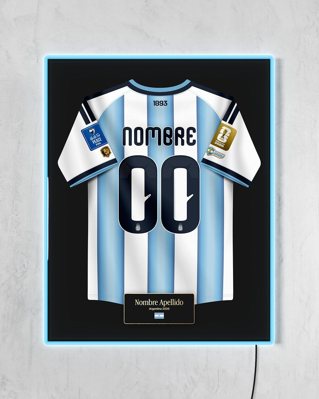 Cuadro Argentina 2026 Local personalizado con LED celeste encendido
