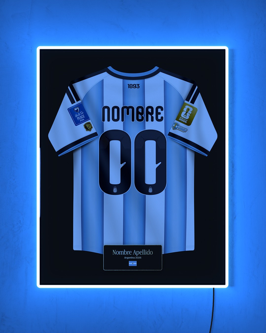 Cuadro Argentina 2026 Local personalizado con LED celeste encendido de noche