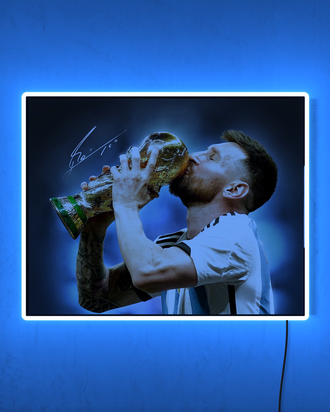 Lionel Messi - Copa del Mundo 2022 con LED celeste encendido de noche