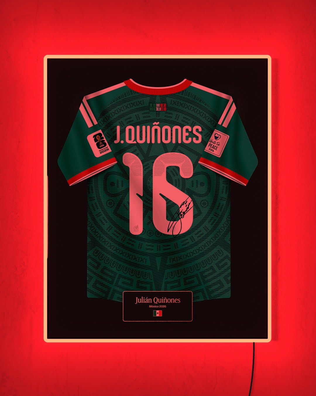 México 2026 Local - Diseño Jersey / J. Quiñones #16 con LED rojo encendido de noche