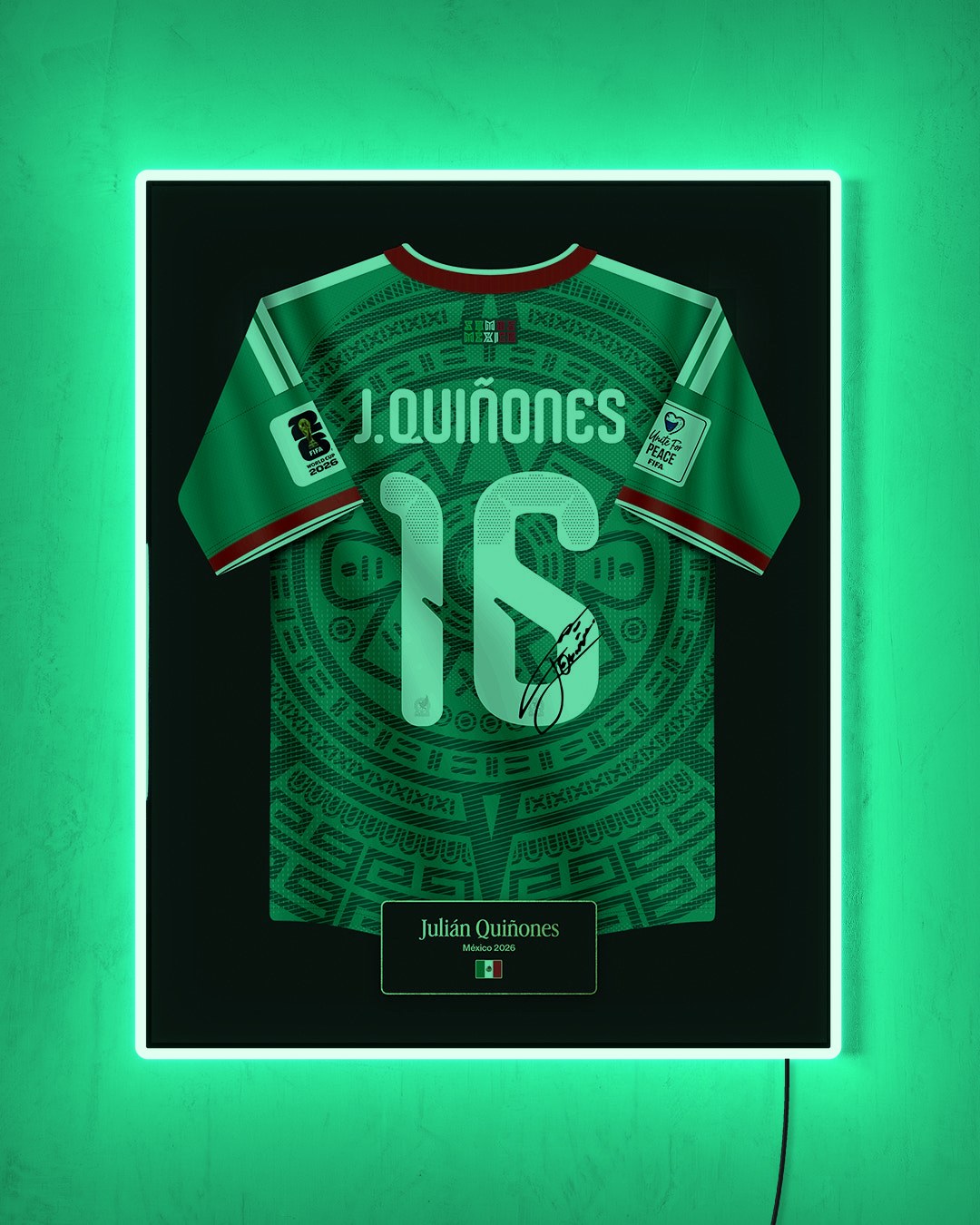 México 2026 Local - Diseño Jersey / J. Quiñones #16 con LED verde encendido de noche
