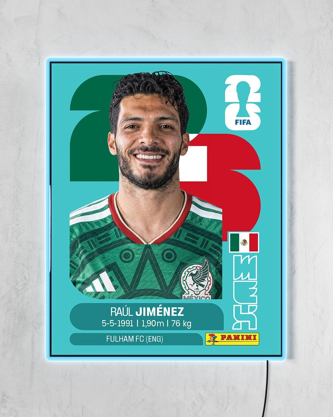 Raúl Jiménez - Sticker 2026 con LED celeste encendido